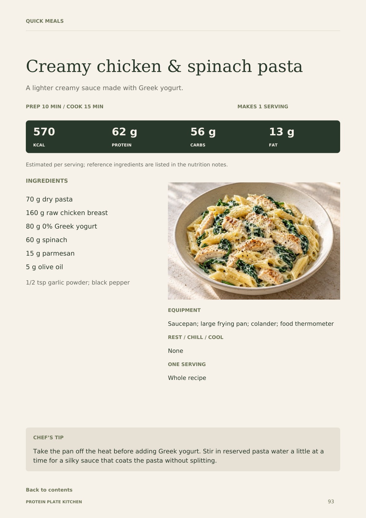 Creamy chicken & spinach pasta